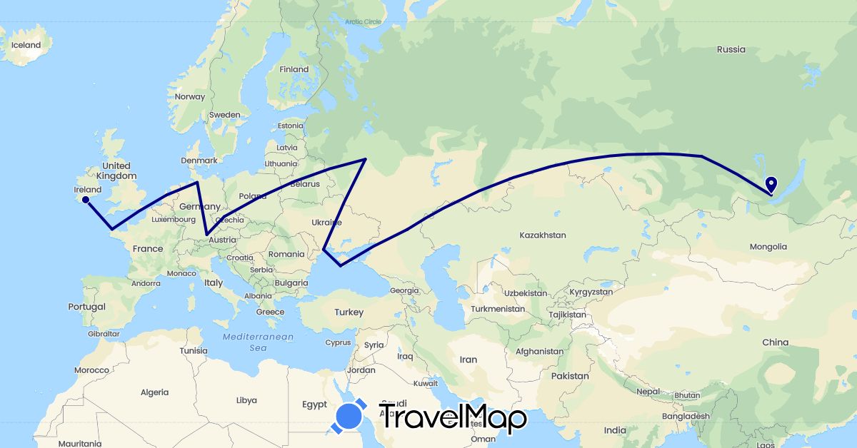 TravelMap itinerary: driving in Czech Republic, Germany, France, Ireland, Netherlands, Russia, Ukraine (Europe)